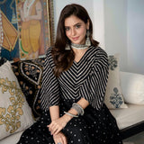 Black Bandhani & Stone Printed Tiered Dress with Flared Sleeves