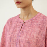 Highlighted Lace Neck Detail Slub Cotton Kurta - Dusty Pink