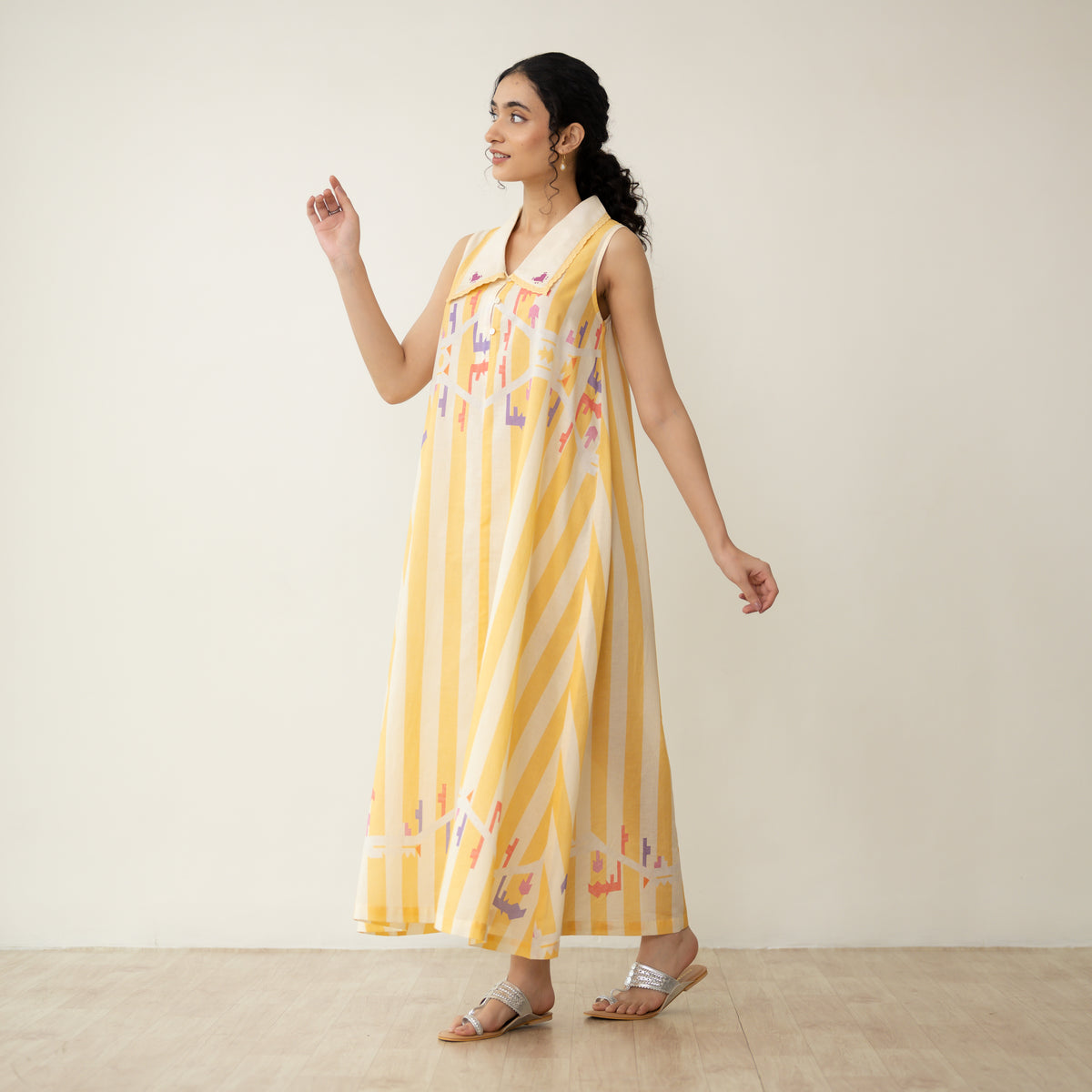 Poppy Striped Mulmul Dress - Mango Yellow