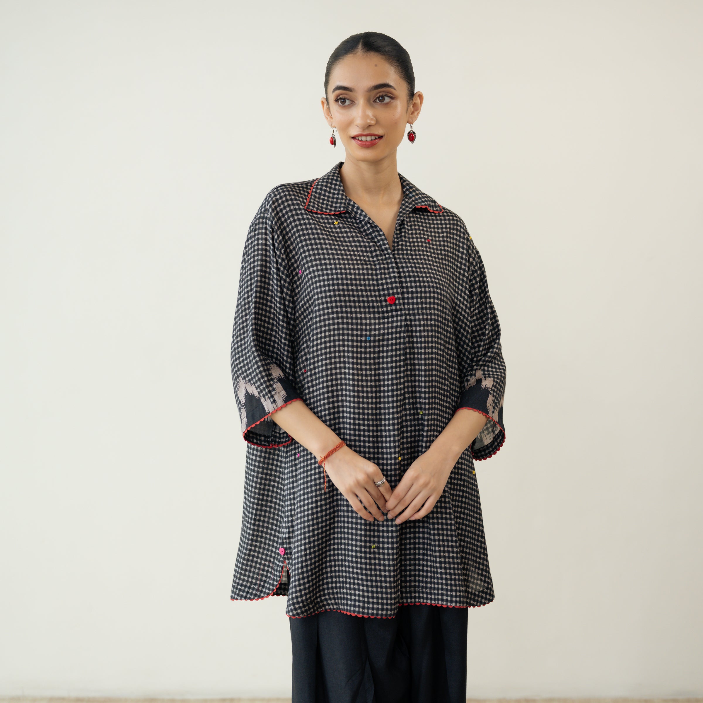 Bon Bon Hand Embroidered Elevated Shantoon Tunic - Charcoal