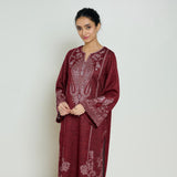 Nura Hand Embroidered Woollen Long Kurta - Maroon