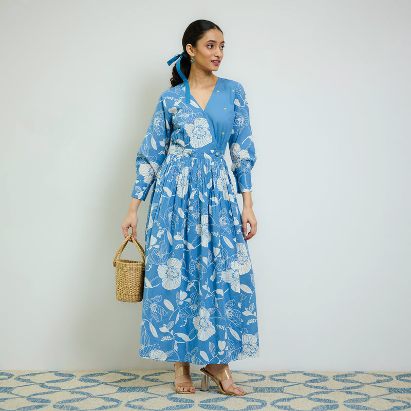 skies are blue embroidered dress Skies are Blue Navy Blue Floral Embroidered V Neck Short Sleeve Linen Dress