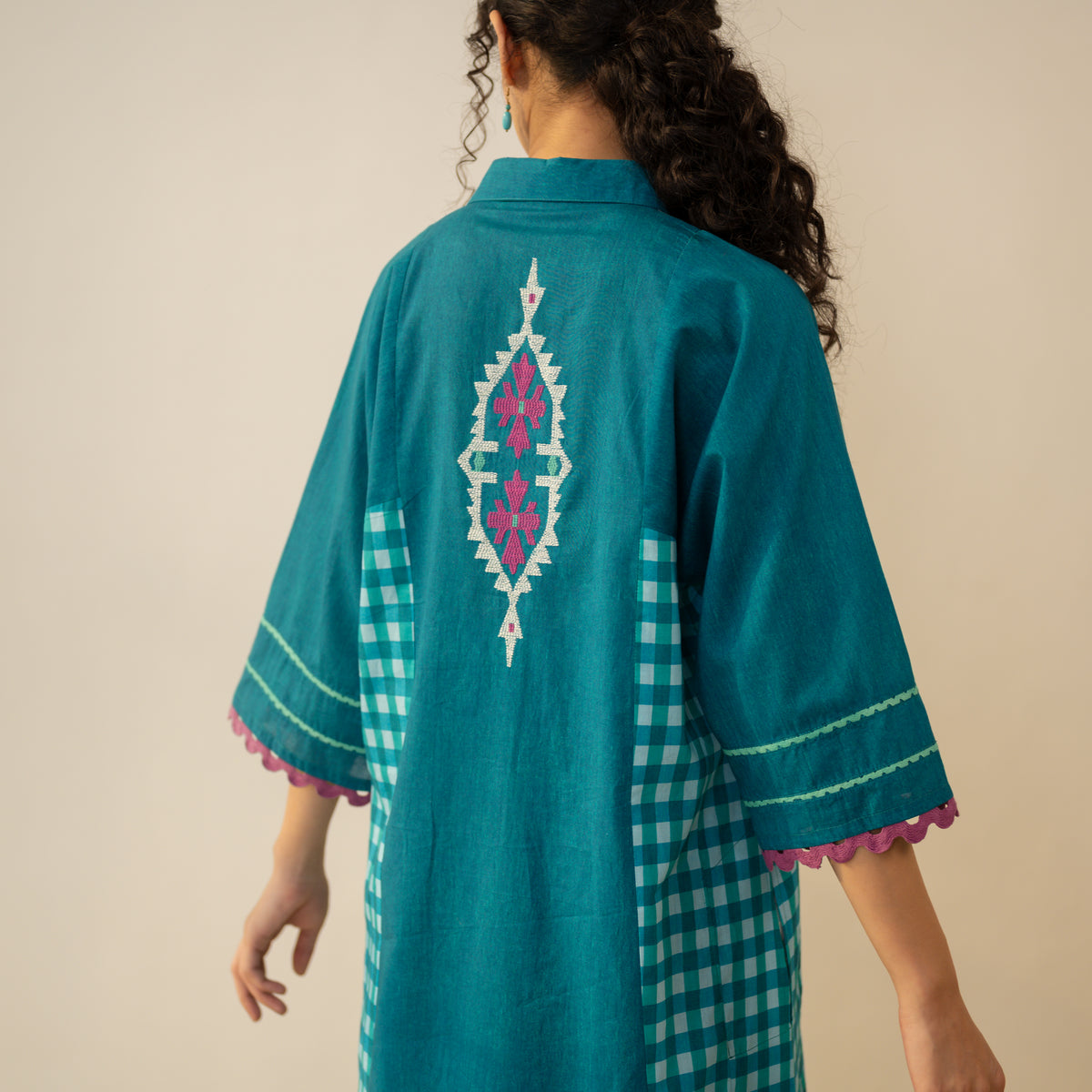Aabha Embroidered Cotton Slub Kurta - Deep Teal