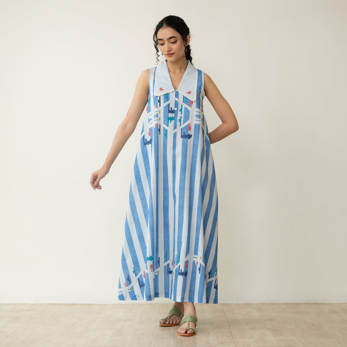 Poppy Striped Mulmul Dress - Asmani Blue