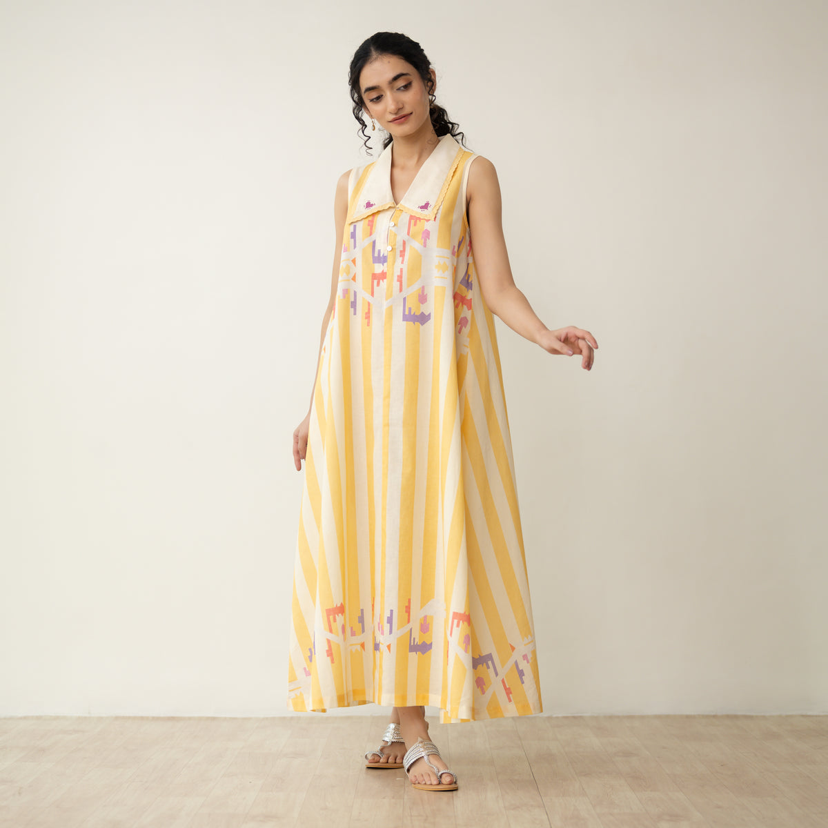 Poppy Striped Mulmul Dress - Mango Yellow