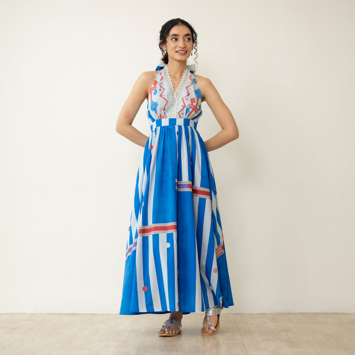 Blueberry Tart Halter Tie Mulmul Lace Dress - Blue