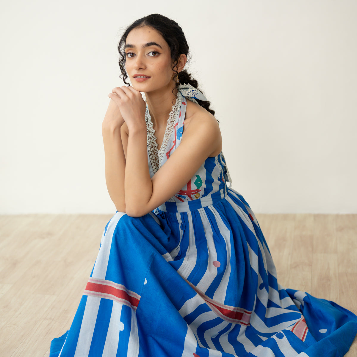 Blueberry Tart Halter Tie Mulmul Lace Dress - Blue