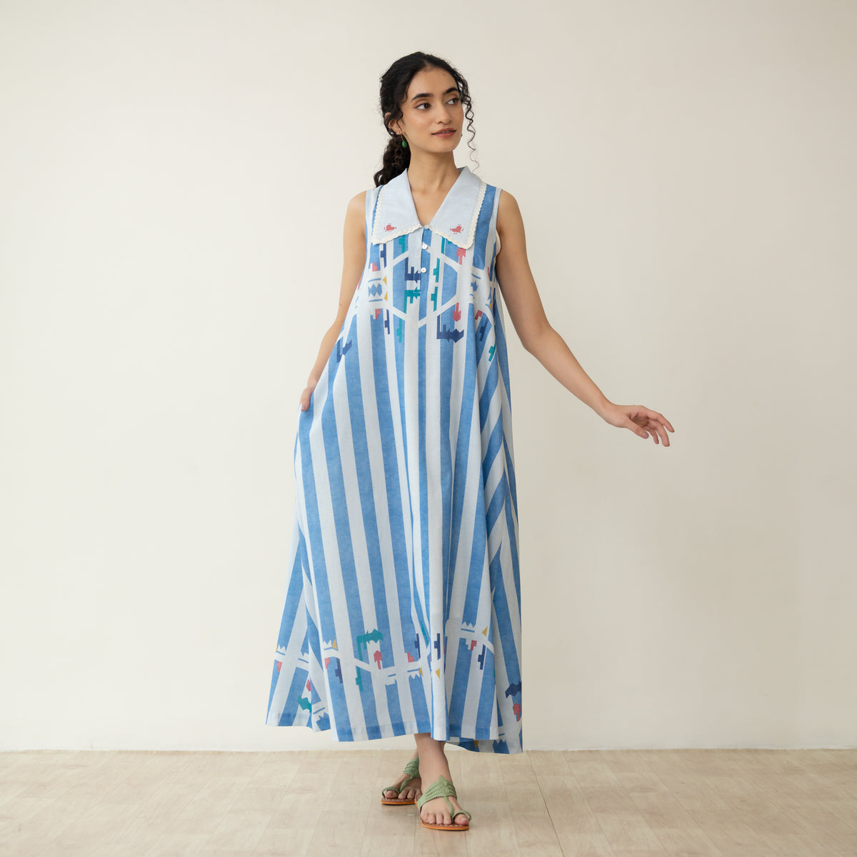Poppy Striped Mulmul Dress - Asmani Blue