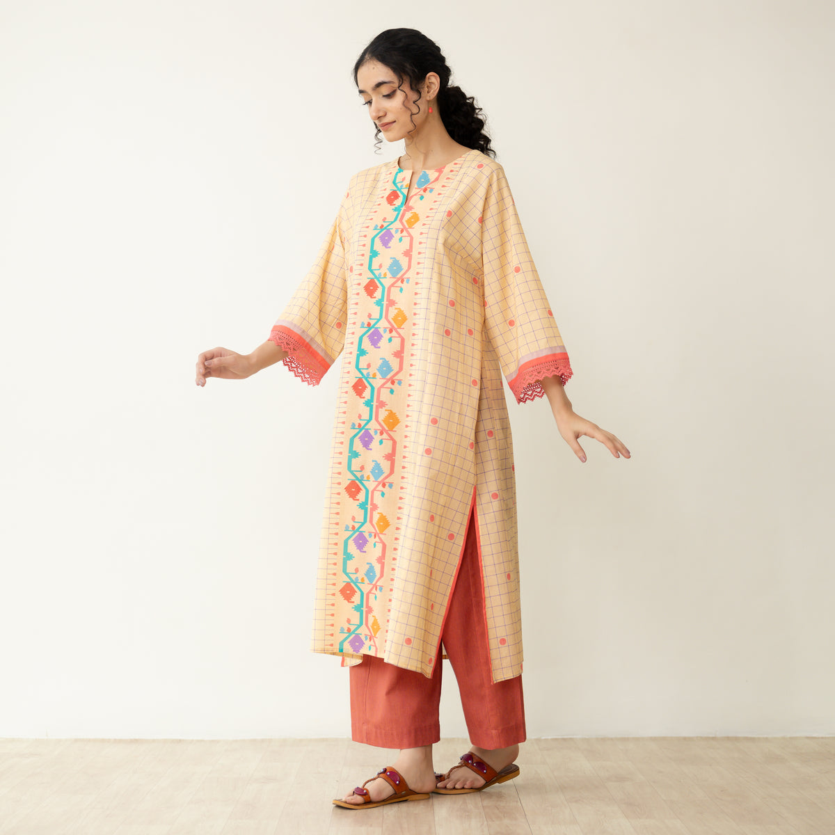Sitara Front Panelled Mulmul Kurta - Mango Yellow