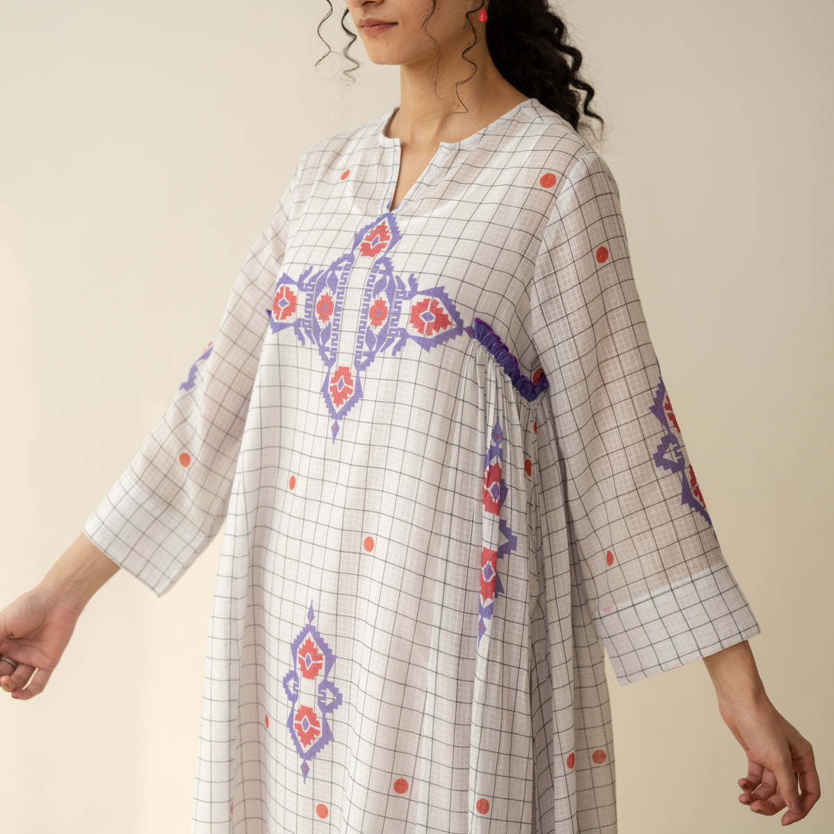 Mogra Kota Doria Kurta Set - Milky White & Tomato Red