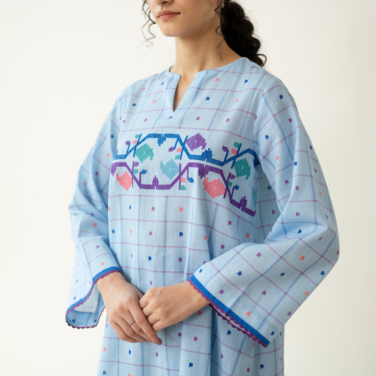 Doodle Embroidered Cotton Kurta - Asmani Blue
