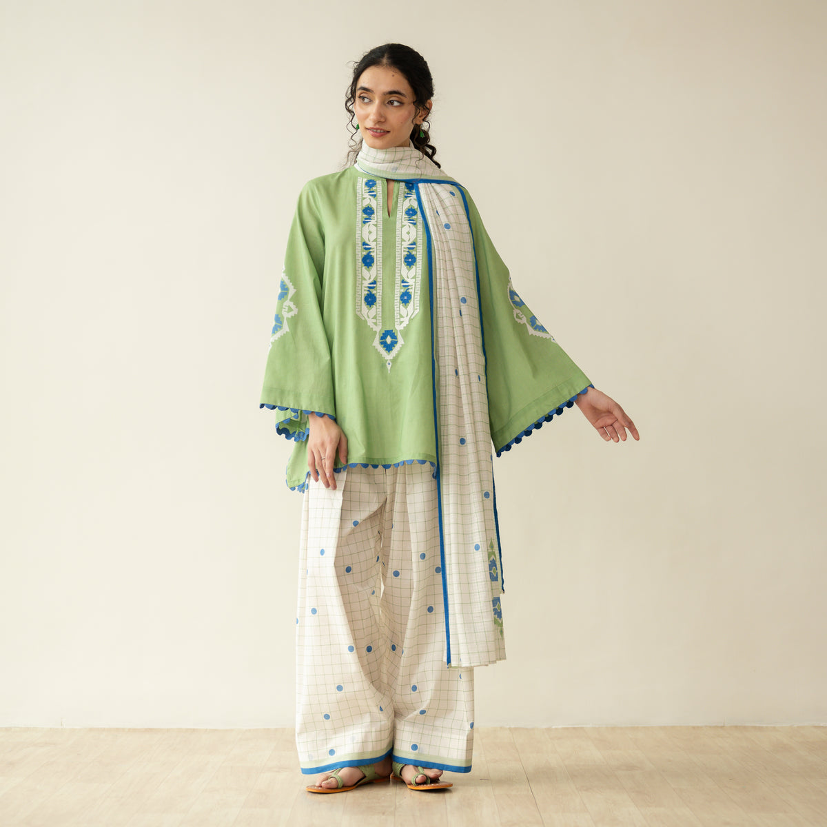 Dot & Dash Mulmul Farshi Set - Matcha Green