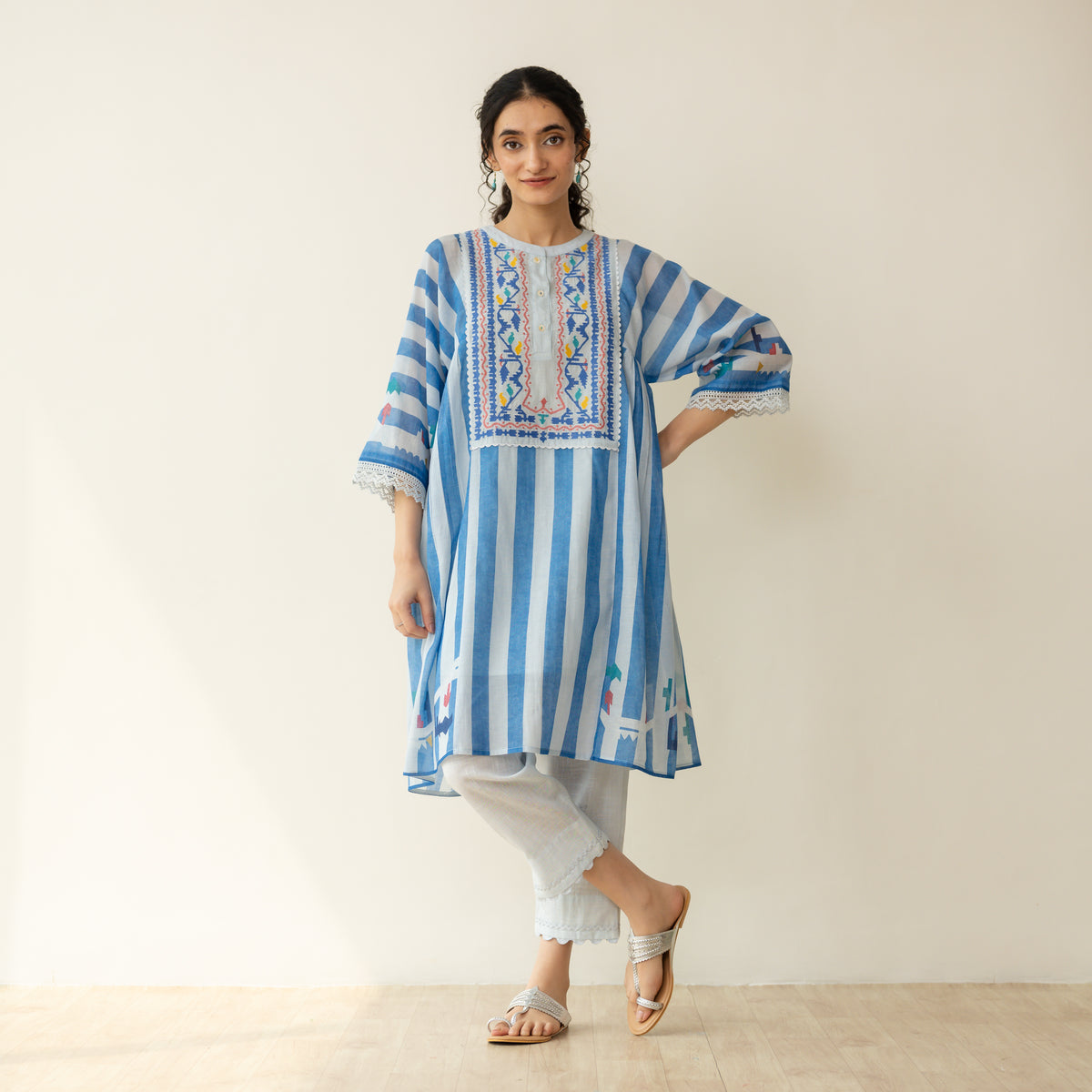 Pretty Flare Chanderi Embroidered Coord Set - Asmani Blue