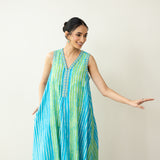 Viva Embroidered Midi Cotton Slub Dress - Ocean Blue & Parrot Green