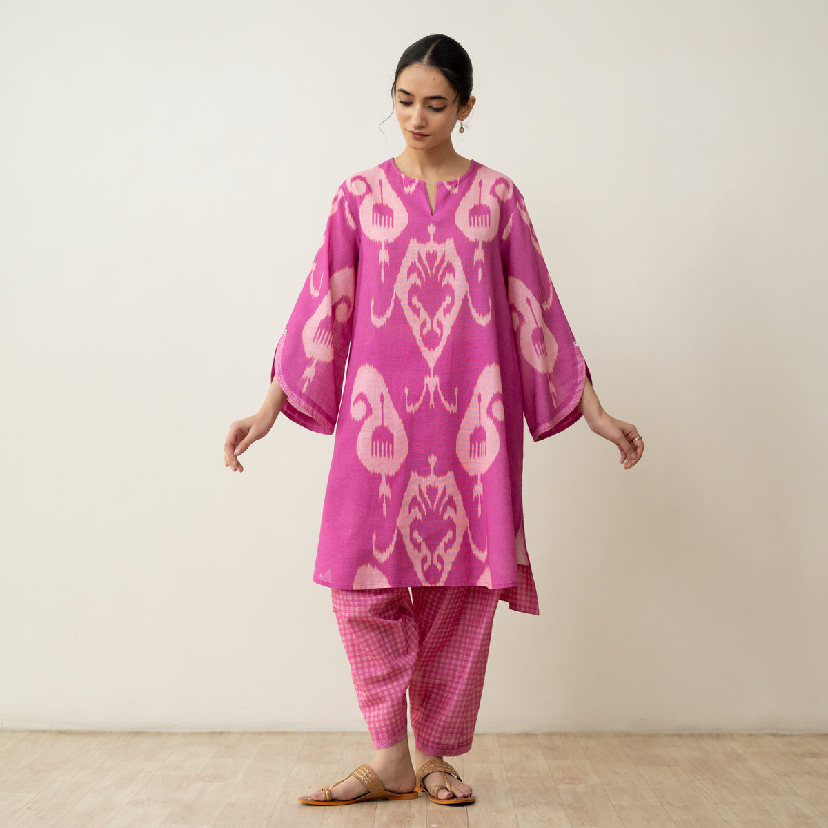 Peppy Paisley Asymmetric Cotton Slub Salwar Set - Dusty Pink
