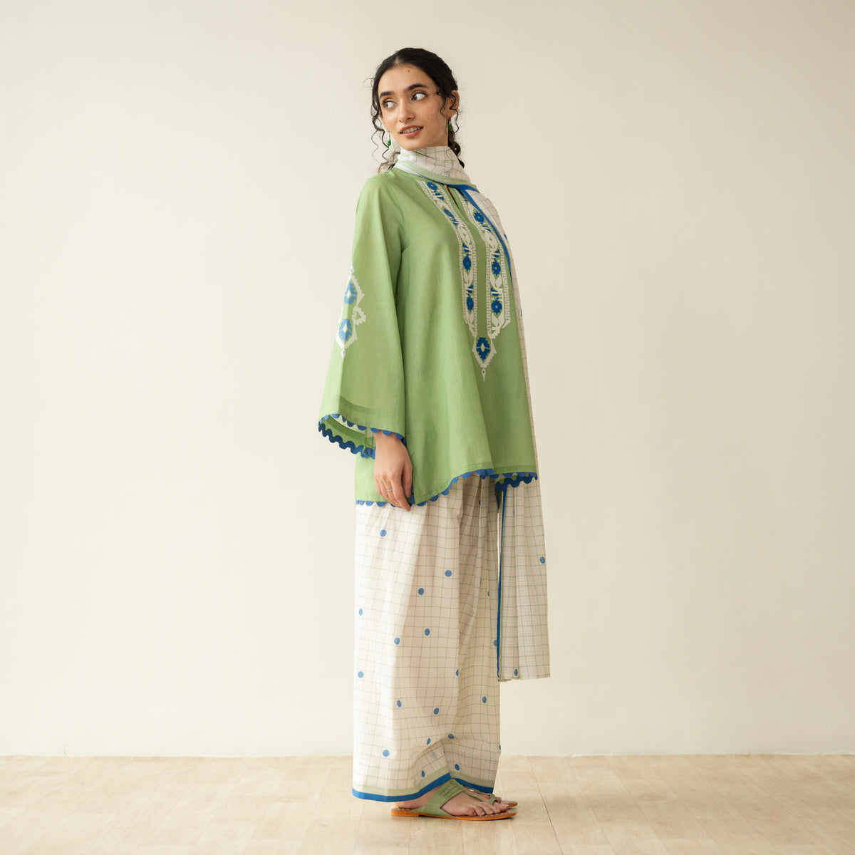 Dot & Dash Mulmul Farshi Set - Matcha Green