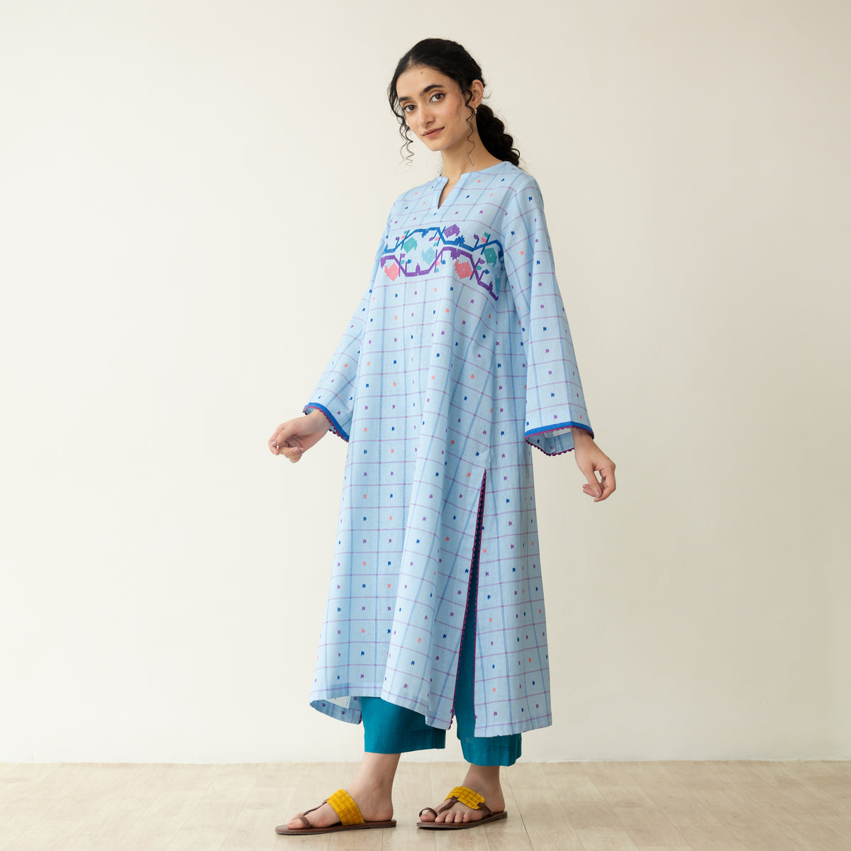 Doodle Embroidered Cotton Kurta - Asmani Blue