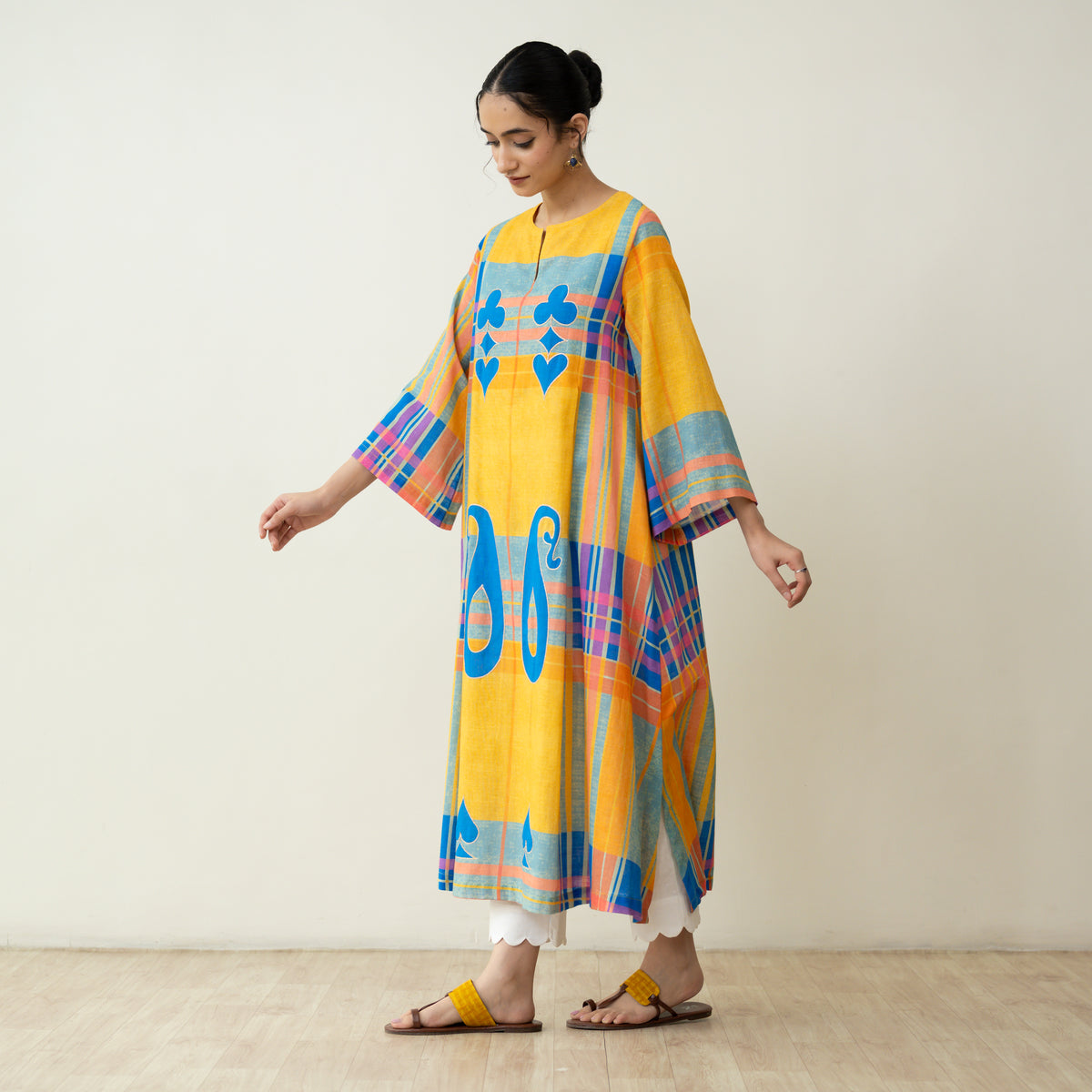 Ambi Patchwork Cotton Slub Kurta - Yellow & Blue