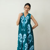 Peppy Paisley Midi Cotton Slub Dress - Teal Green