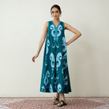 Peppy Paisley Midi Cotton Slub Dress - Teal Green