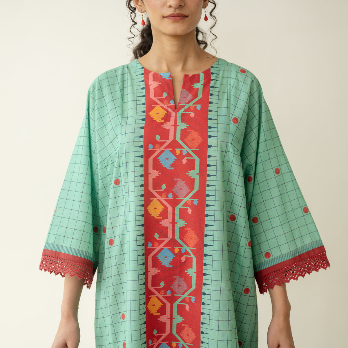 Sitara Front Panelled Mulmul Kurta - Mint Green