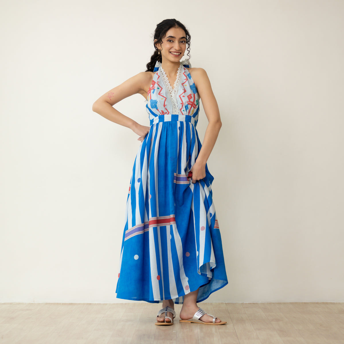 Blueberry Tart Halter Tie Mulmul Lace Dress - Blue
