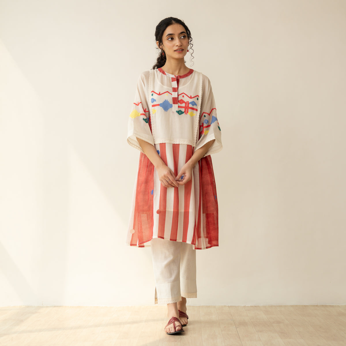 Rumi Embroidered Chanderi Coord Set - Tomato Red