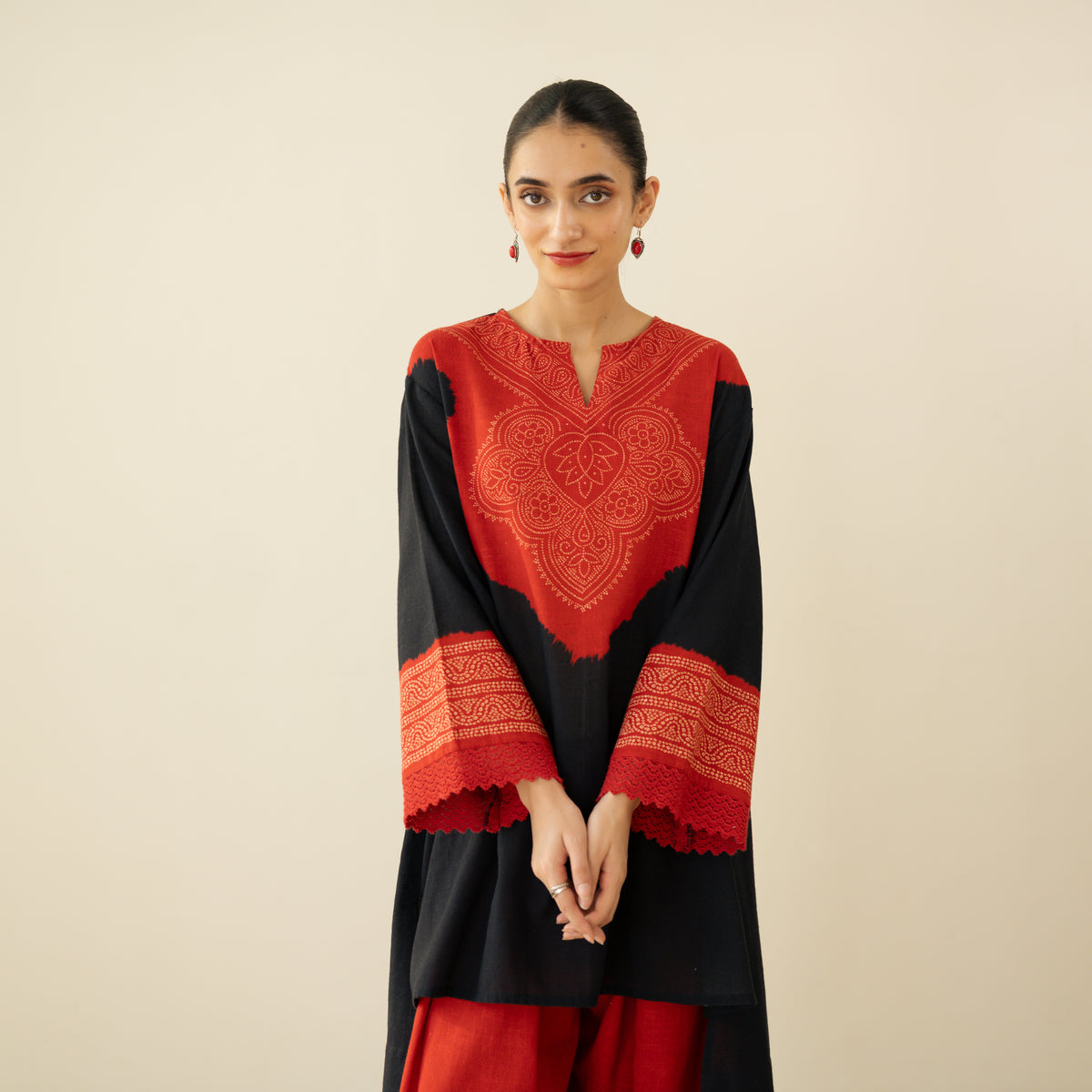Nakhra Elevated Cotton Slub Coord Set - Red & Black