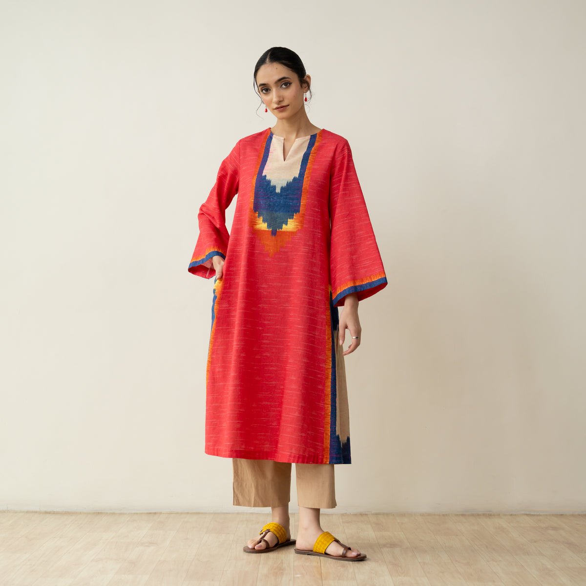 Prism Statement Cotton Slub Kurta - Tomato Red