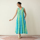 Viva Embroidered Midi Cotton Slub Dress - Ocean Blue & Parrot Green