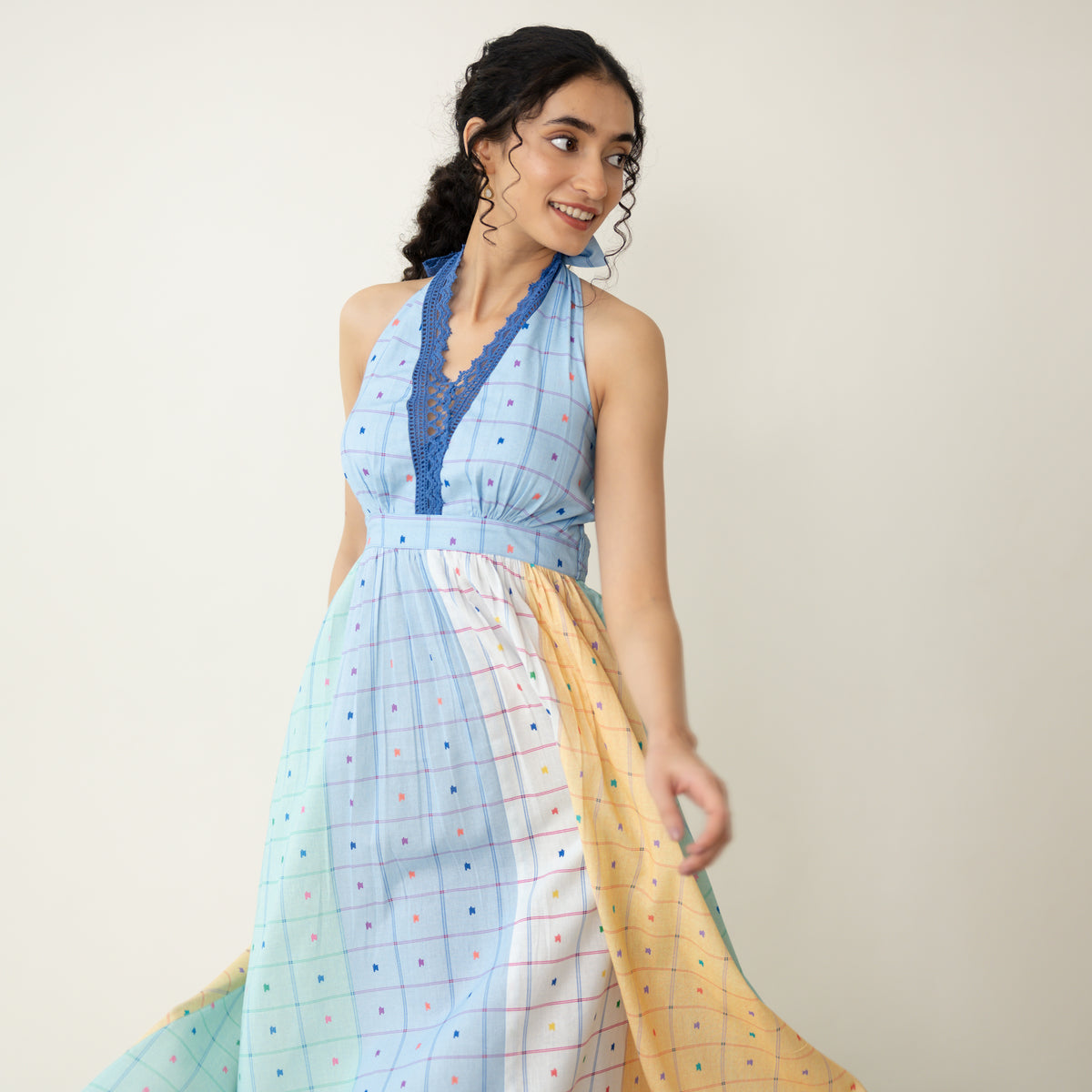 Rainbow Sundae Halter Tie Cotton Lace Dress - Multicolour