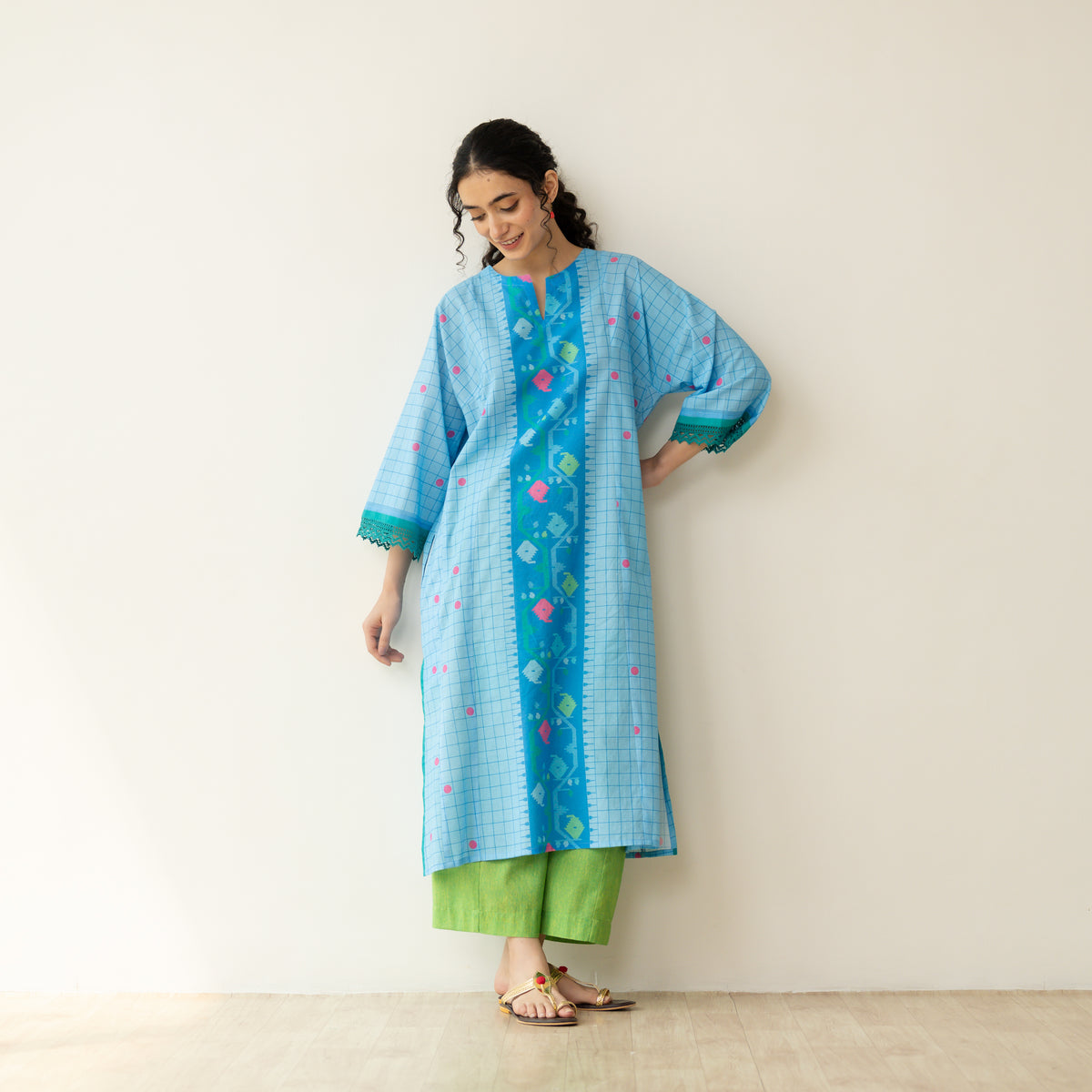 Sitara Front Panelled Mulmul Kurta - Asmani Blue
