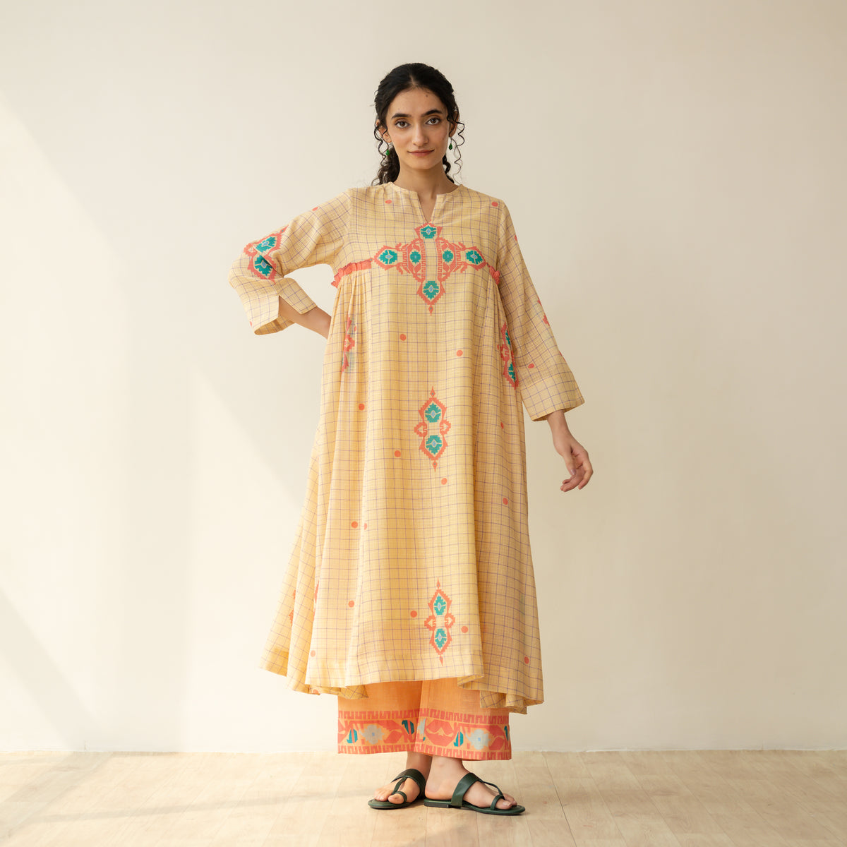 Mogra Kota Doria Kurta Set - Apricot Yellow
