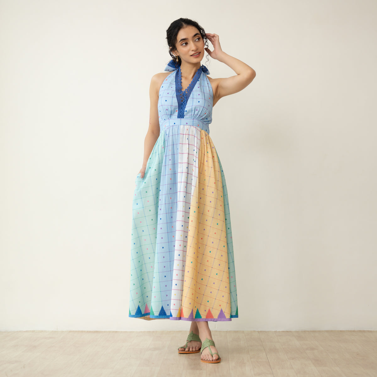 Rainbow Sundae Halter Tie Cotton Lace Dress - Multicolour