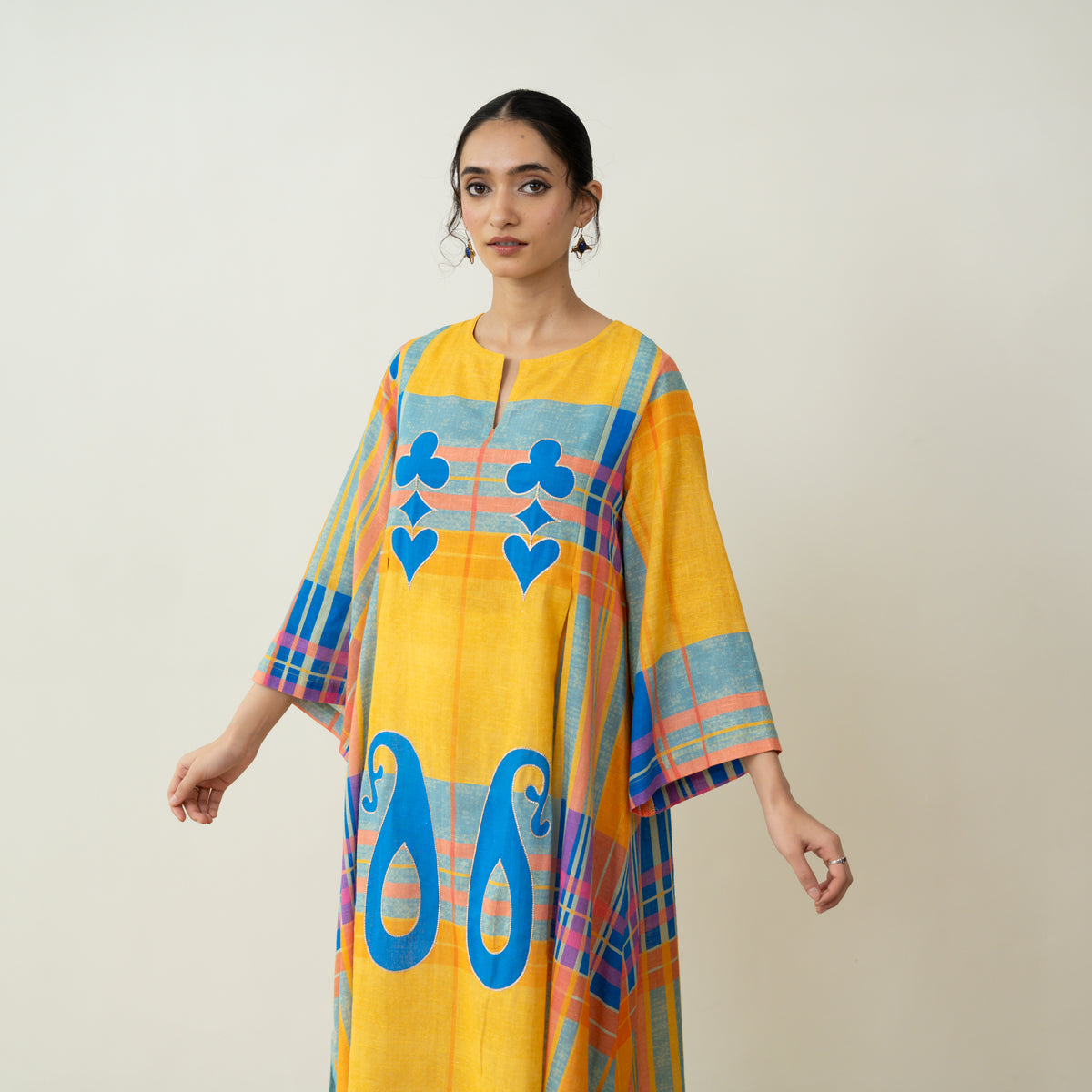 Ambi Patchwork Cotton Slub Kurta - Yellow & Blue