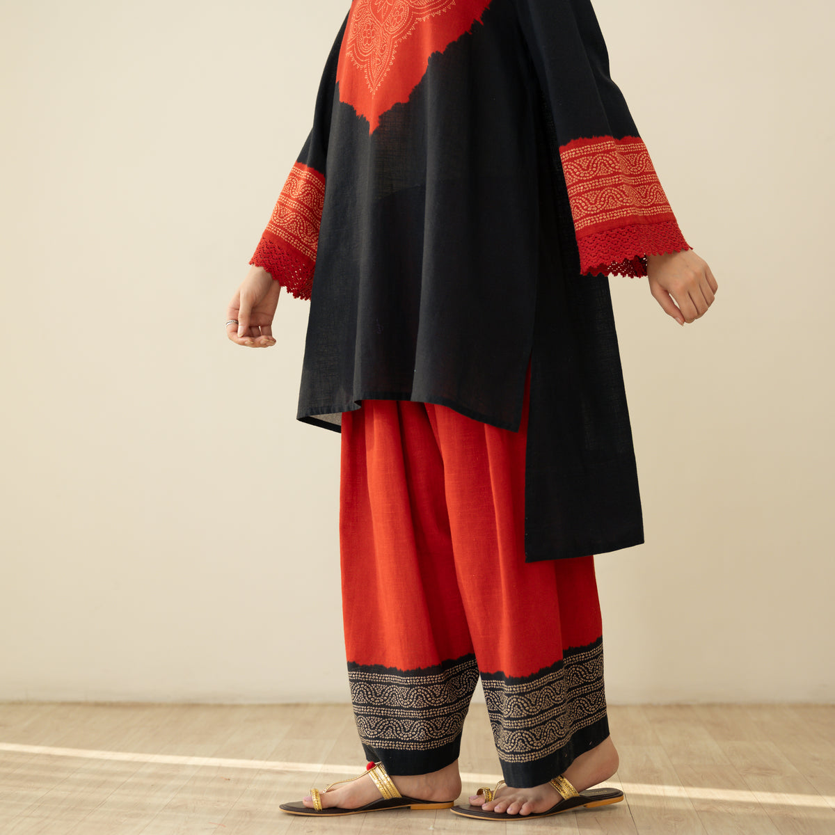 Nakhra Elevated Cotton Slub Coord Set - Red & Black