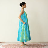 Viva Embroidered Midi Cotton Slub Dress - Ocean Blue & Parrot Green