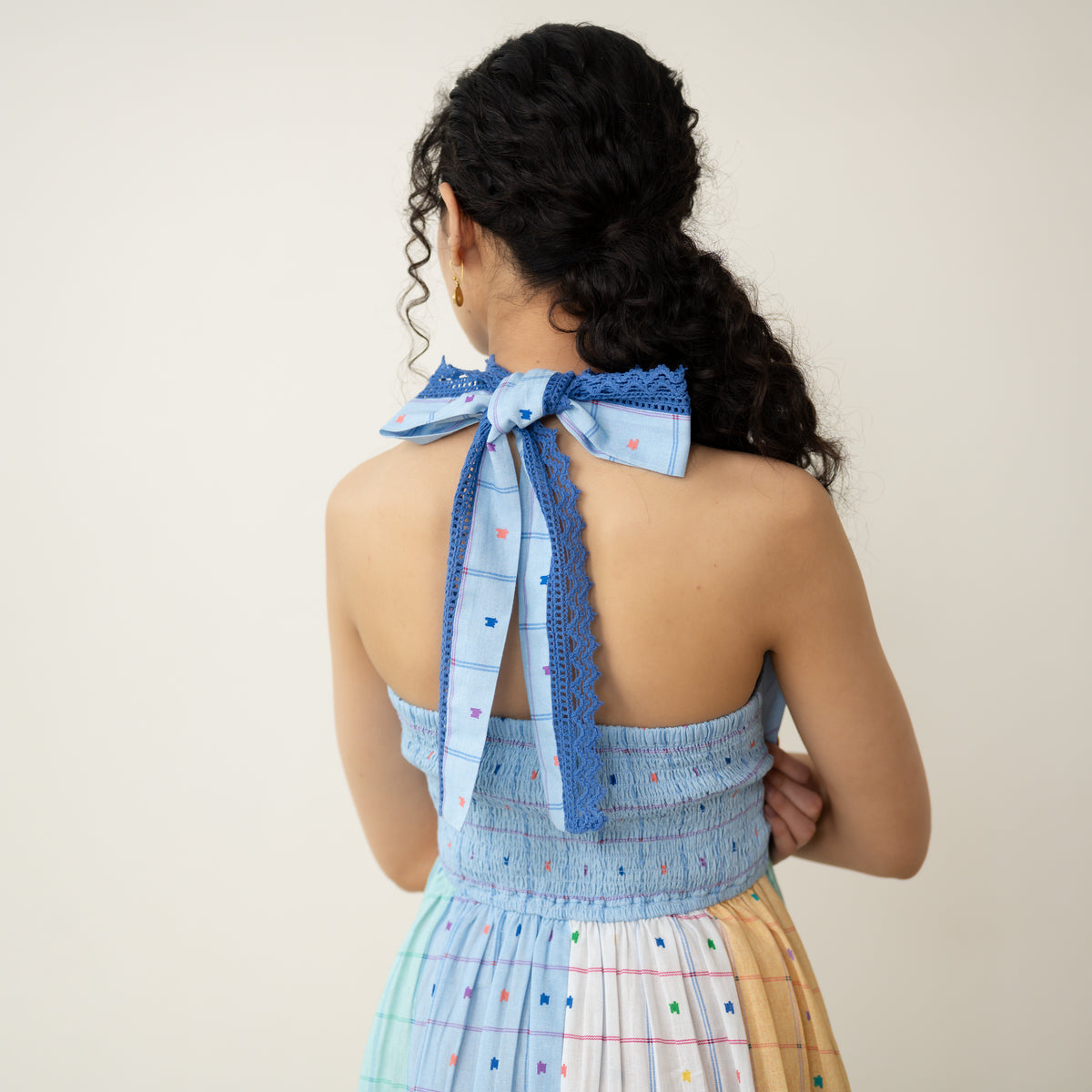 Rainbow Sundae Halter Tie Cotton Lace Dress - Multicolour