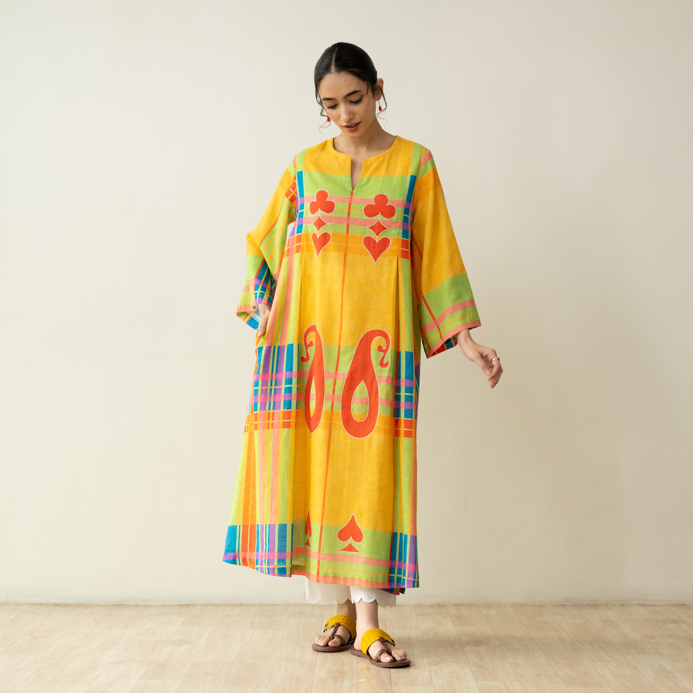 Ambi Patchwork Cotton Slub Kurta - Yellow & Red