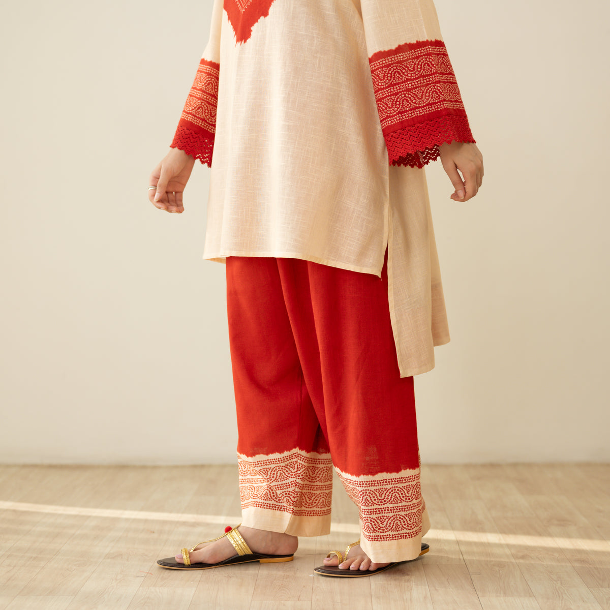 Nakhra Elevated Cotton Slub Coord Set - Beige & Red