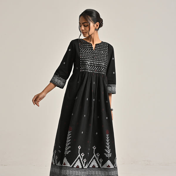 Black Linen Cotton Jamdani Printed Kurta with Embroidery