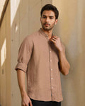 Brown Mandarin Collar Solid Linen Cotton Shirt for Men