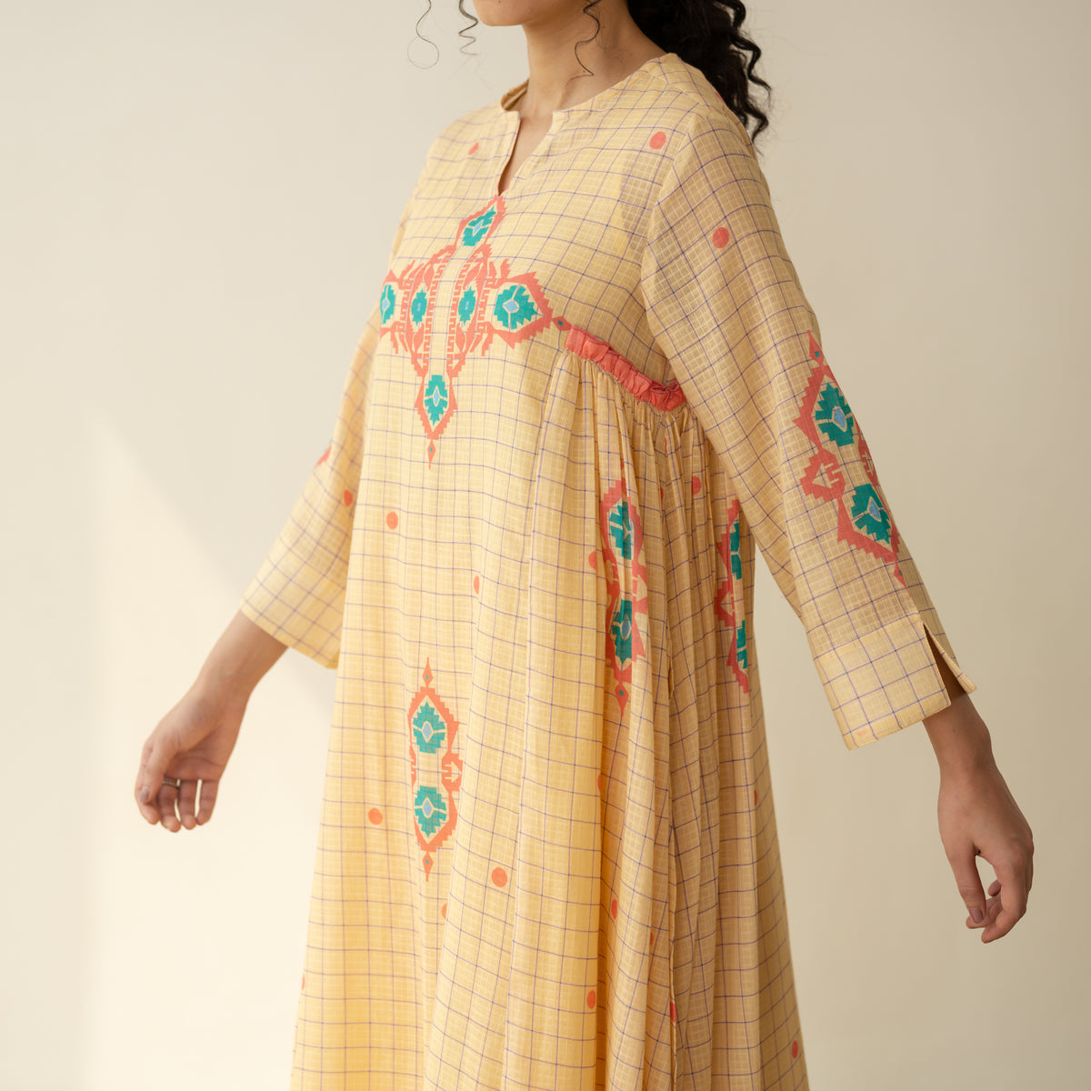 Mogra Kota Doria Kurta Set - Apricot Yellow