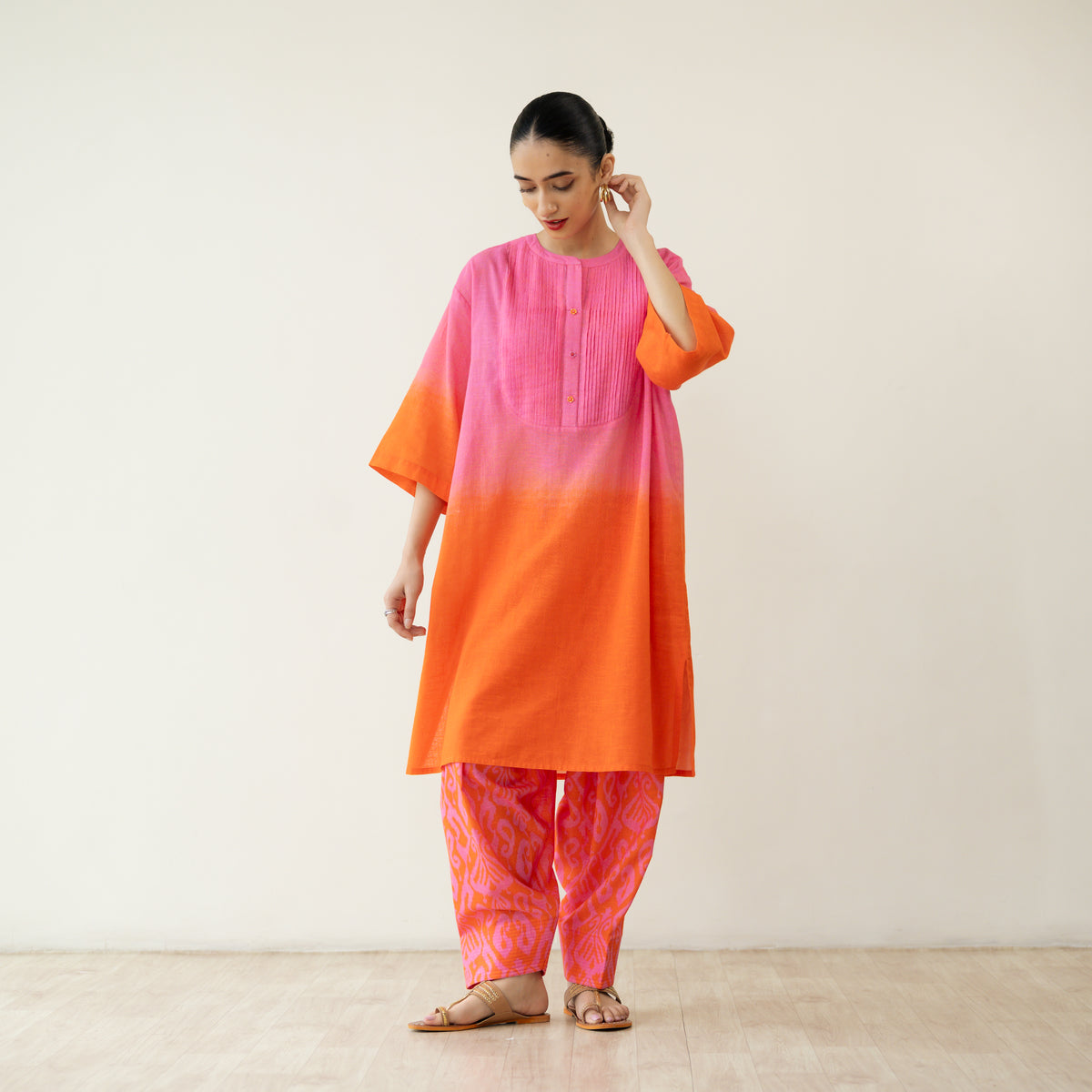 Peach Fizz Elevated Kurta Set - Tangerine & Pink