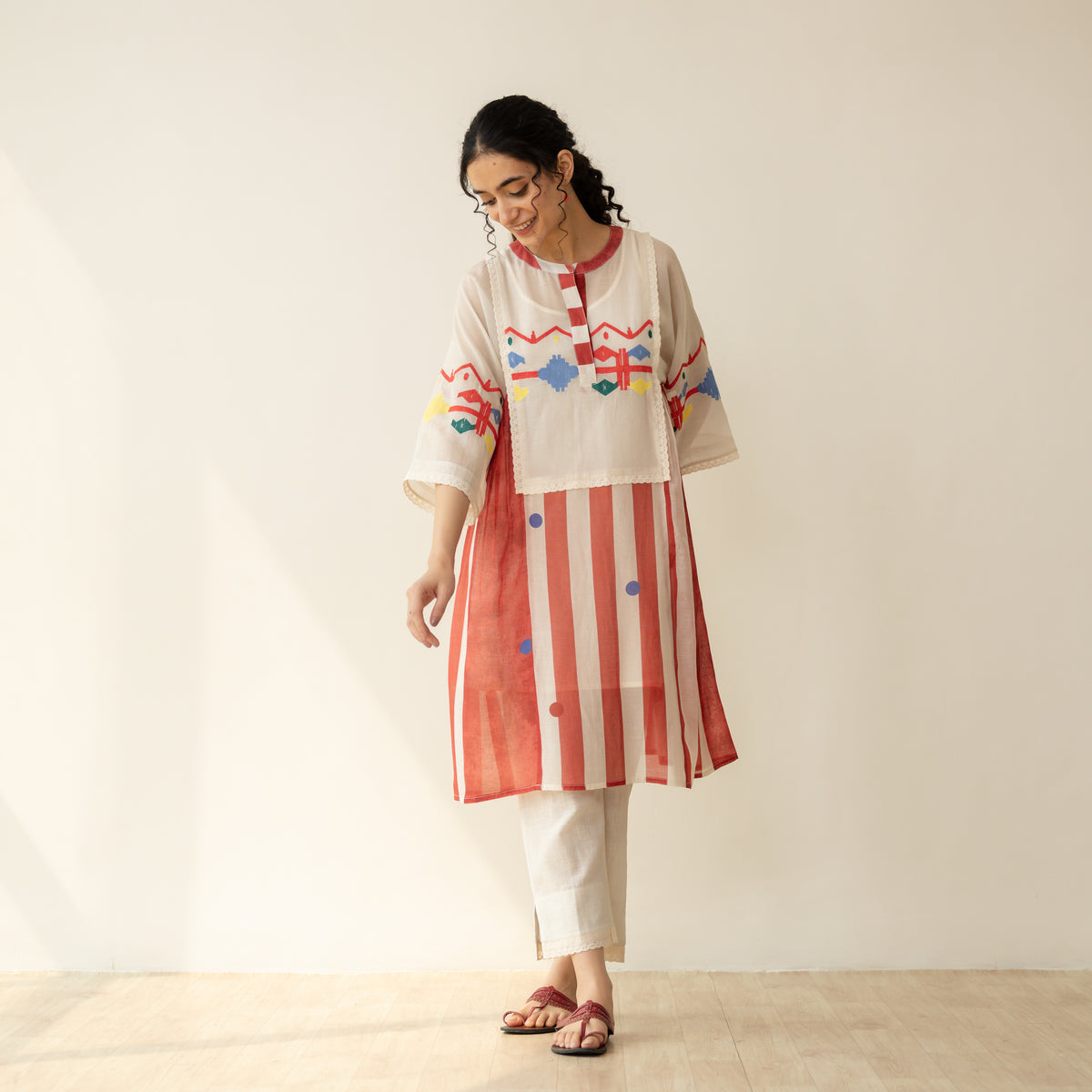 Rumi Embroidered Chanderi Coord Set - Tomato Red