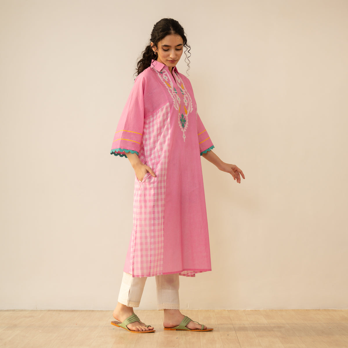Aabha Embroidered Cotton Slub Kurta - Candy Pink