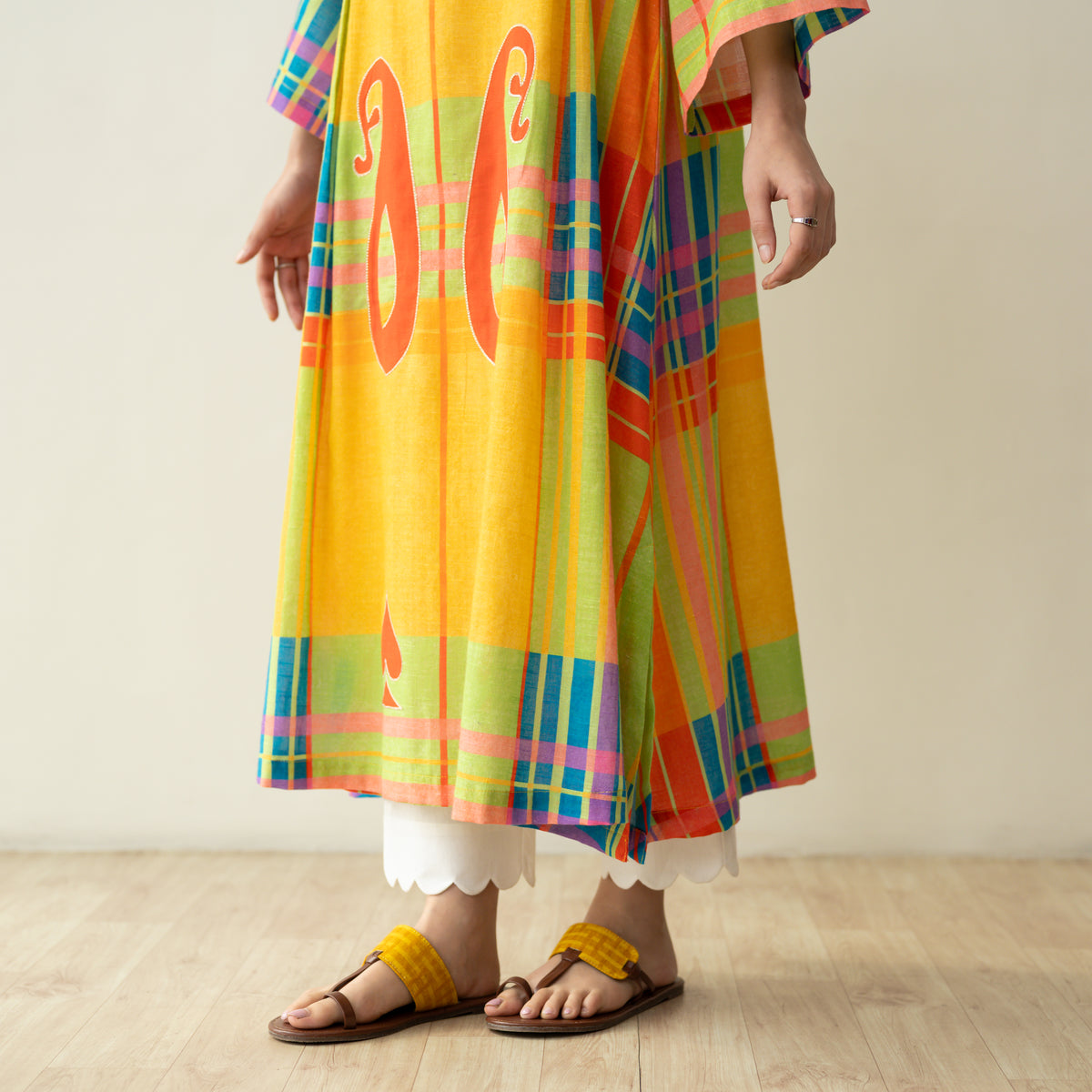 Ambi Patchwork Cotton Slub Kurta - Yellow & Red
