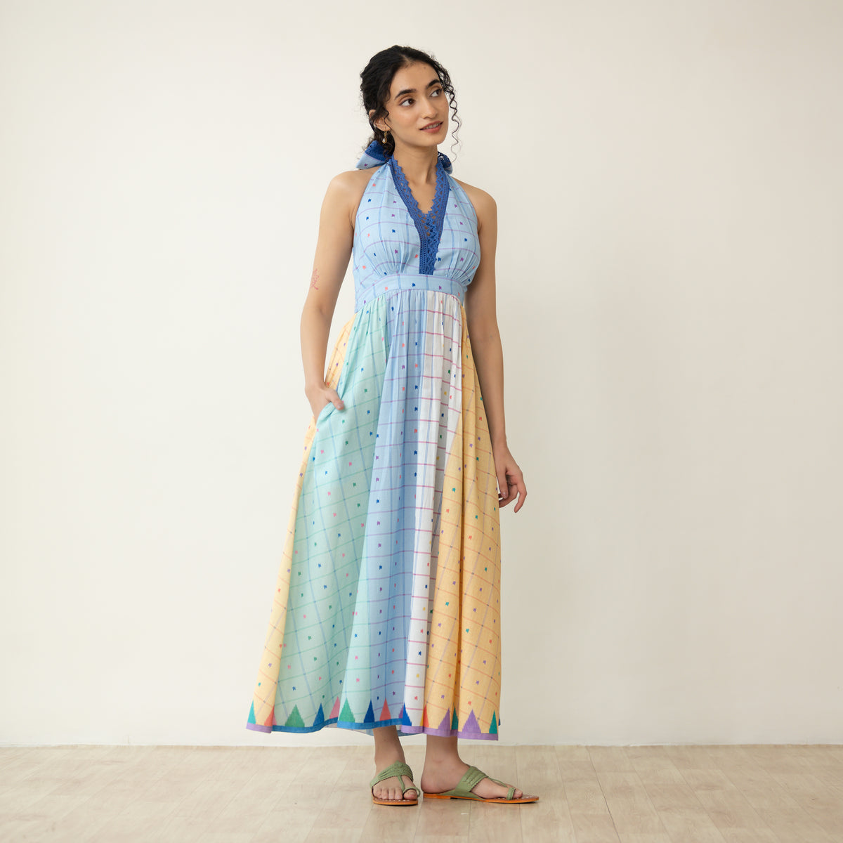 Rainbow Sundae Halter Tie Cotton Lace Dress - Multicolour