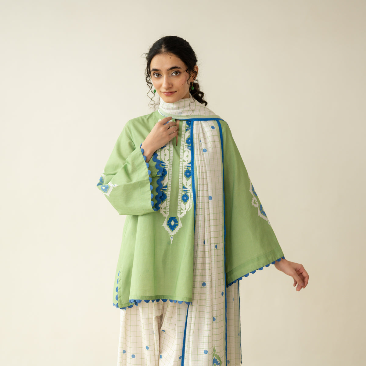 Dot & Dash Mulmul Farshi Set - Matcha Green