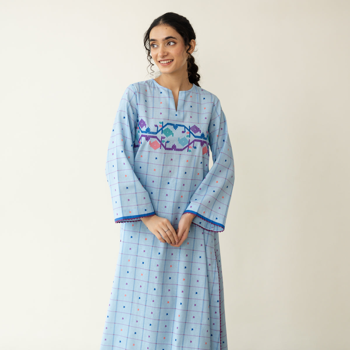 Doodle Embroidered Cotton Kurta - Asmani Blue